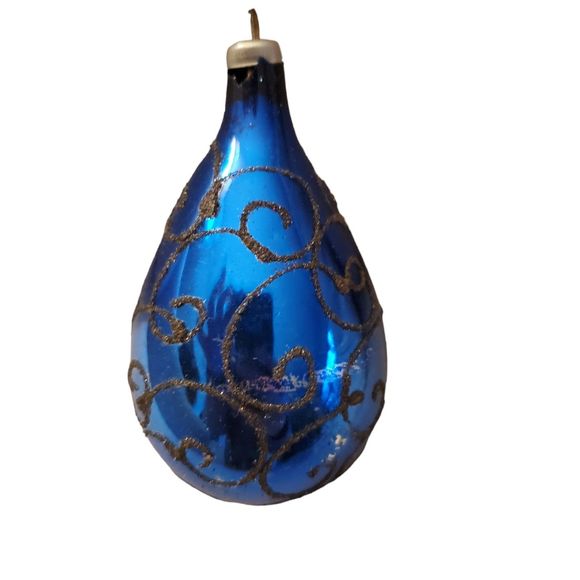 Vintage 50s 60s Cobalt Blue Tear Drop with Black Mica Mercury Glass Ornament - Picture 1 of 6